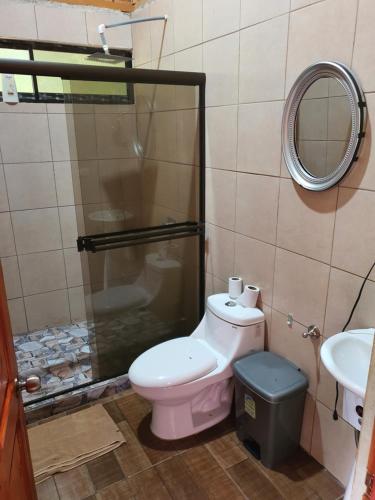 a bathroom with a toilet and a shower at Into the Greens in Madre de Dios