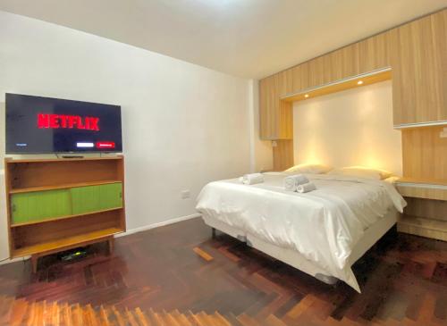 a bedroom with a bed and a tv on the wall at Cómodo Monoambiente en el Centro de la Ciudad in Concordia