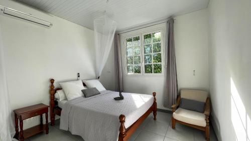 ein Schlafzimmer mit einem Bett, einem Fenster und einem Stuhl in der Unterkunft Casa Tropical · T3 Calme & Spacieux in Le Lamentin