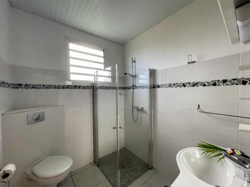 ein Bad mit einer Dusche, einem WC und einem Waschbecken in der Unterkunft Casa Tropical · T3 Calme & Spacieux in Le Lamentin