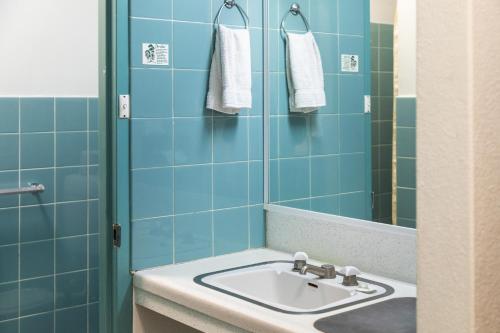 a bathroom with a sink and a mirror at Red Carpet Motel in Mount Gambier