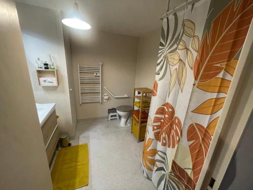 a bathroom with a toilet and a shower curtain at Cosy arena in Nîmes