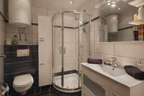 a bathroom with a shower and a toilet and a sink at Montelux Apartments in Budva