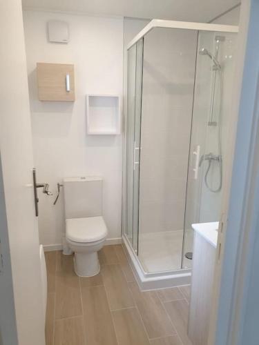 une salle de bain avec toilettes et douche en verre dans l'établissement Le Huitième - Chic et Branché, à Compiègne