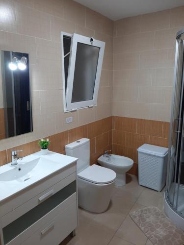 La salle de bains est pourvue d'un lavabo, de toilettes et d'un miroir. dans l'établissement Casa planta baja, à Elche