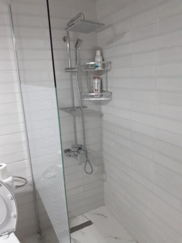 y baño con ducha, aseo y espejo. en La SULINA, en Sulina