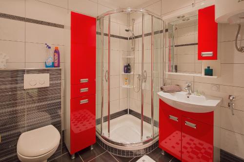 a bathroom with a shower and a toilet and a sink at Montelux Apartments in Budva