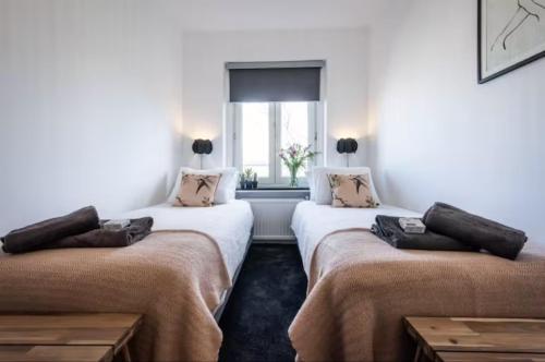 3 camas en una habitación con ventana en Cozy 2-bedroom apartment en Ámsterdam