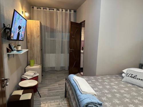a bedroom with a bed and a television in it at Pensiunea exotic in Craiova
