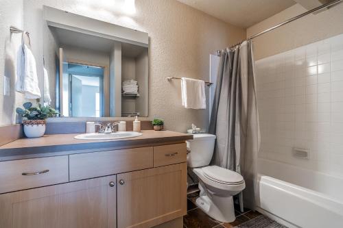 a bathroom with a sink and a toilet and a mirror at Beautiful and cozy one bedroom apartment -WiFi, BBQ, Patio, Dog park, close to Greenlake and Northgate in Seattle