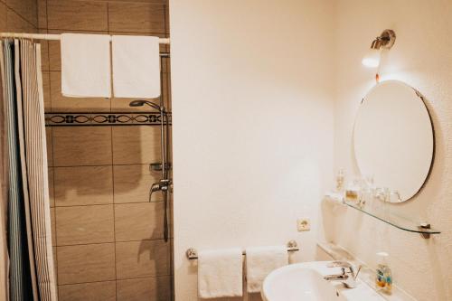 a bathroom with a shower and a sink and a mirror at Gästehaus Windhagen in Windhagen