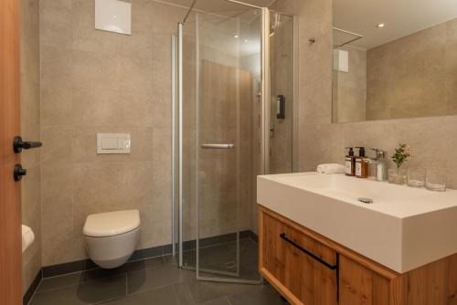W łazience znajduje się toaleta, umywalka i prysznic. w obiekcie Seetalblick w mieście Sankt Wolfgang