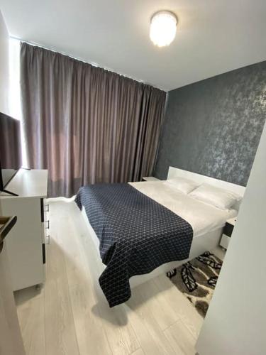 a bedroom with a black and white bed and a window at Happy apartment 1 in Roşu