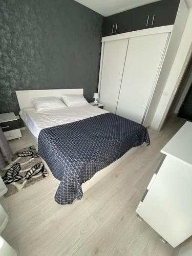 1 dormitorio con 1 cama con manta azul y blanca en Apartament tip studio, en Roşu