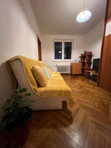 sala de estar con sofá y manta amarilla en Plne vybavený trojizbový apartmán neďaleko centra, en Levice