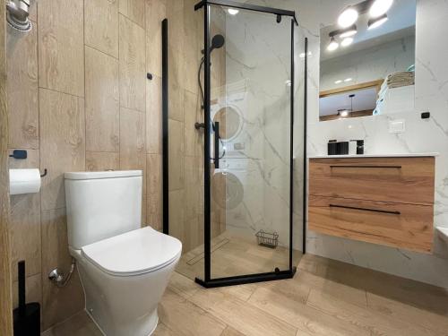 La salle de bains est pourvue de toilettes et d'une douche en verre. dans l'établissement Superior Baltea 3 rooms, Beach 800m, AirCondition, à Gdańsk