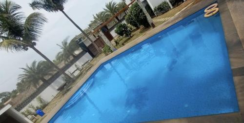 a large blue swimming pool with palm trees in the background at Beach wave villa in Tirupporūr