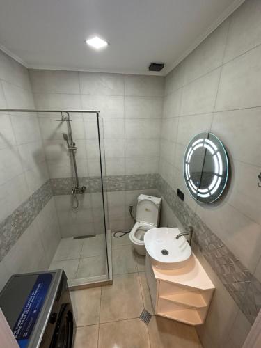 uma casa de banho com um chuveiro, um WC e um lavatório. em Apartment em Tbilisi