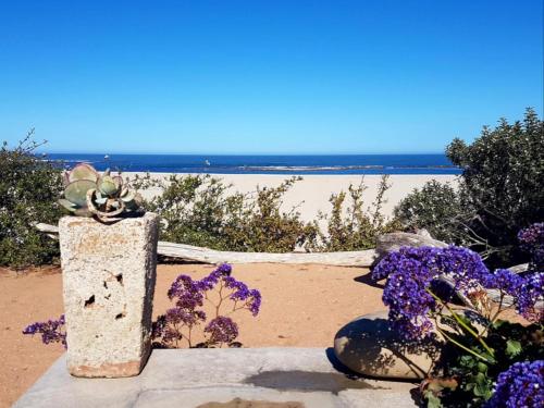 a stone pillar on the beach with purple flowers at Peaceful Place in Port Nolloth