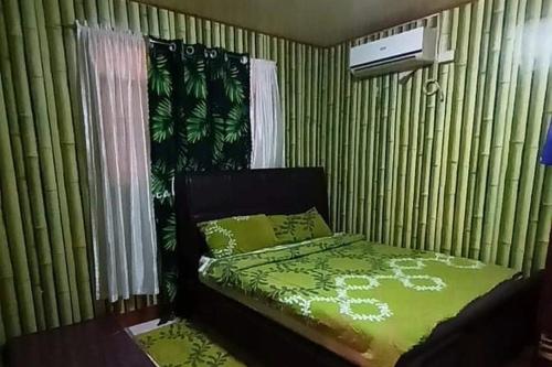 um quarto com uma cama com lençóis verdes e cortinas em Albert's Transient House em Batangas City