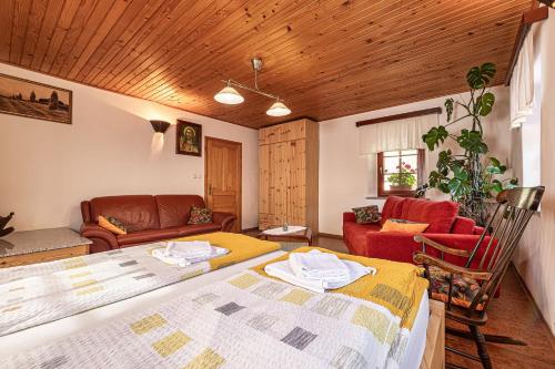um quarto com uma cama e uma sala de estar em Kolpa Zupančič Vineyard Apartments - Happy Rentals em Stari Trg ob Kolpi
