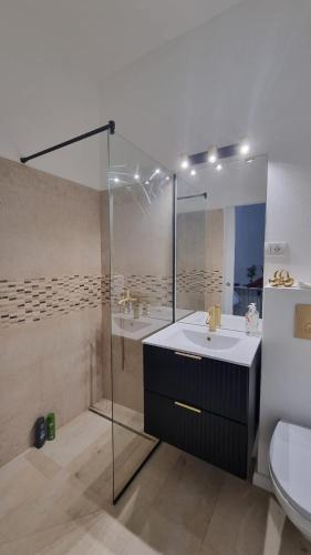 a bathroom with a sink and a shower and a toilet at CH Residence in Chişoda