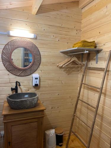 La salle de bains est pourvue d'un lavabo, d'un miroir et d'une échelle. dans l'établissement Les Chalets de Marie & Stéph - Jacuzzi SPA privatif sans vis à vis , vue mer, à Saint-Denis