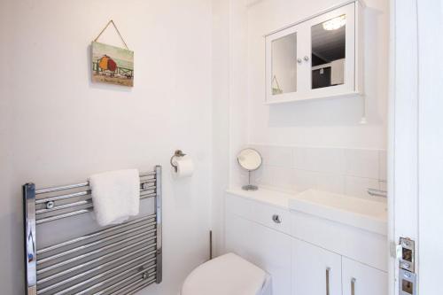 uma casa de banho branca com um WC e um espelho. em Spring Lake 52, Eider Lodge - P em South Cerney