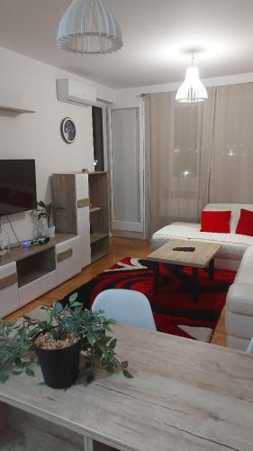 een woonkamer met een bank en een tafel bij Anja in Lukavica