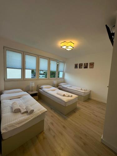 dwa łóżka w pokoju z oknami w obiekcie Elbląska Noclegi w Łodzi