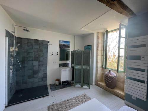uma grande casa de banho com um chuveiro e um lavatório em 1 Rue Pasquet Pool Suite with Kitchen em Beaumont-du-Périgord
