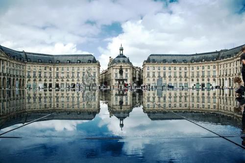 um grande edifício com o seu reflexo na água em La Pomme d'Or em Bordéus