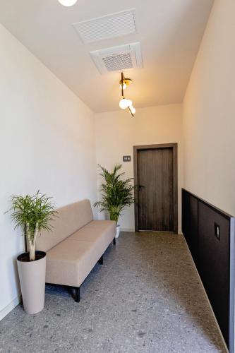 a living room with a couch and two potted plants at Complex Acom in Baile Felix