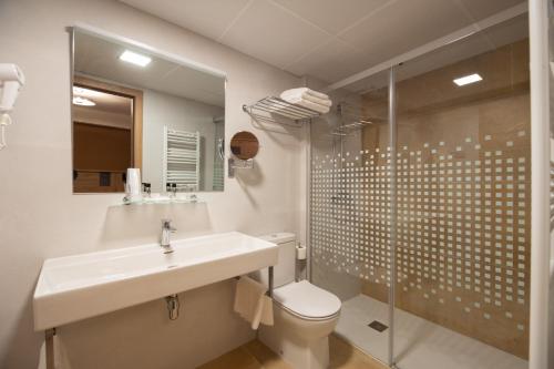 y baño con lavabo, aseo y ducha. en Hostal Las Grullas en Tornos