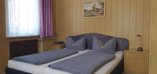 a bedroom with a bed with blue pillows at Haus Bodetal in Altenbrak