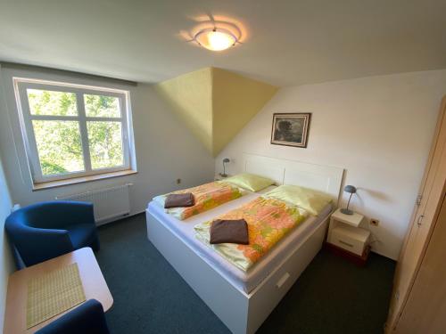 a bedroom with a bed and a chair and a window at Penzion Pod Ždánovem in Nezdice