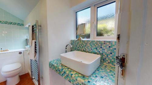 a bathroom with a sink and a toilet and a window at Quince Cottage in Oxford
