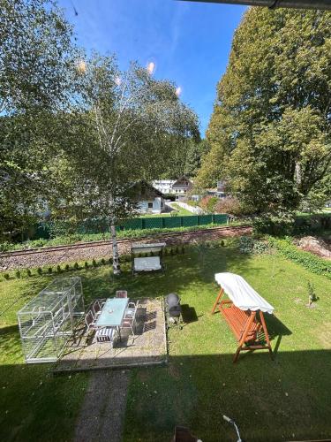an aerial view of a backyard with a picnic table and chairs at Tina a Petr , Lunz am See in Lunz am See