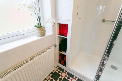 a bathroom with a shower and a vase with flowers at Dinas Cottage in Benllech