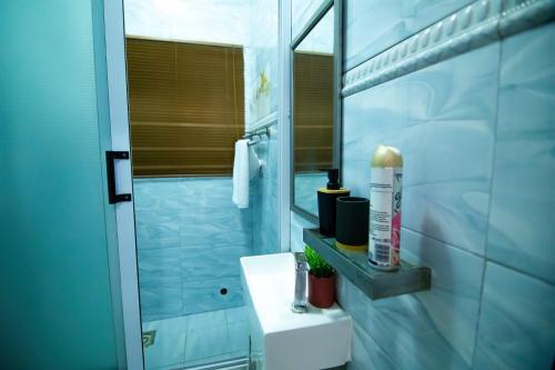 a bathroom with a sink and a toilet and a mirror at Hallet Homes VIII - East Legon, Accra in Accra
