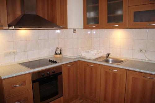a kitchen with wooden cabinets and a sink at Luxury one bed apartment with hydro bath in Royal Plaza in Borovets