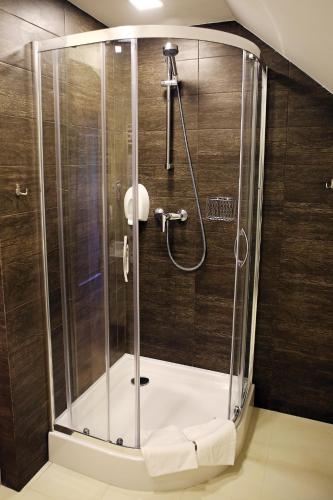 a shower with a glass door in a bathroom at Voevodyno Resort in Tur'ya Pasika
