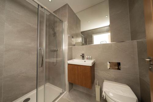 a bathroom with a shower and a toilet and a sink at The Hampstead Hideout - Glamorous 3BDR Flat with Balcony in London