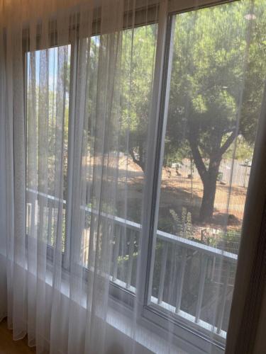 ein Fenster mit weißen Vorhängen und Blick auf einen Baum in der Unterkunft Le cap dagde in Cap d'Agde
