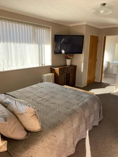 a bedroom with a bed and a flat screen tv at Riverside Studio in Wanaka