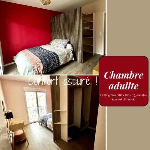 a bedroom with red walls and a bed with a book shelf at CHIC & CHILL Apartment near Disneyland and Paris in Noisy-le-Grand