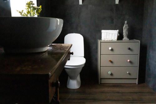 a bathroom with a sink and a toilet and a dresser at Akureyri Retreat in Akureyri