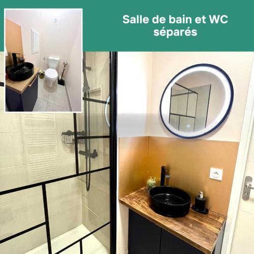 a bathroom with a sink and a mirror at CHIC & CHILL Apartment near Disneyland and Paris in Noisy-le-Grand