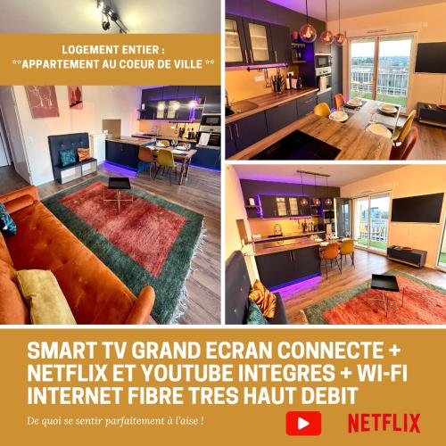 a collage of three pictures of a living room and a kitchen at CHIC & CHILL Apartment near Disneyland and Paris in Noisy-le-Grand