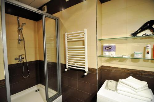 ein Bad mit einer Dusche, einem WC und einem Waschbecken in der Unterkunft Tbilisi Sweet Home in Tbilisi City